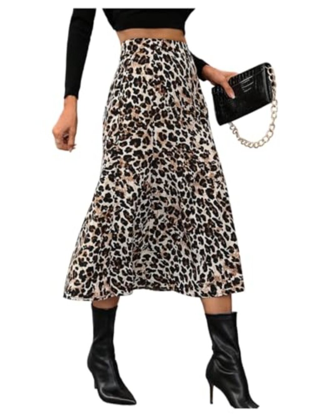 Women's Leopard Print A-Line Midi Skirt High Waisted Flared Elegant